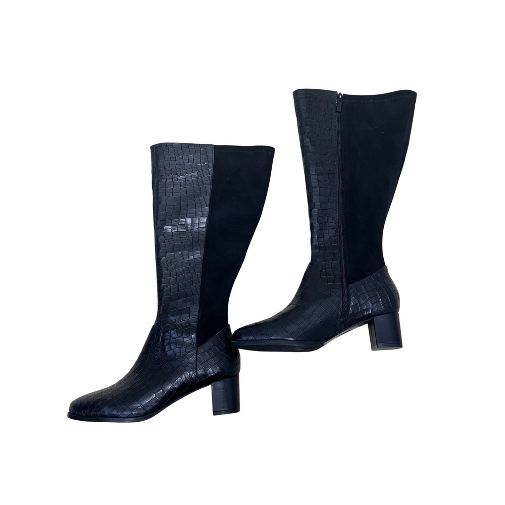 Trotters Tall Boots Women 7W Black Excellent Croc Embossed Leather Stretch T2067